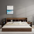 Modern Double Bed with Wooden Headboard Storage Beige Bedding Abstract Painting Potted Plant and Floor