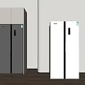 Modern Room With Silver And White Double Door Refrigerators And Freezers On Wooden Floor