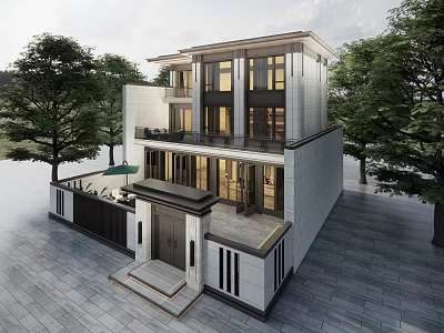 Modern Detached Villa Exterior Design With Large Windows Surrounding Trees And Entrance Courtyard 3d model