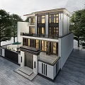 Modern Detached Villa Exterior Design With Large Windows Surrounding Trees And Entrance Courtyard