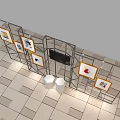 Event Display Wall With Metal Frame Multiple Art Paintings And White Pedestals