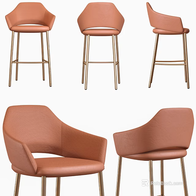 Orange Leather Bar Stools With Modern Curved Backrest And Gold Metal Legs 3d model 