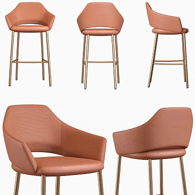 Orange Leather Bar Stools With Modern Curved Backrest And Gold Metal Legs 3d model