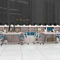 Modern Office Interior With Multiple Office Desks Ergonomic Chairs Computers And Potted Plants 3d model