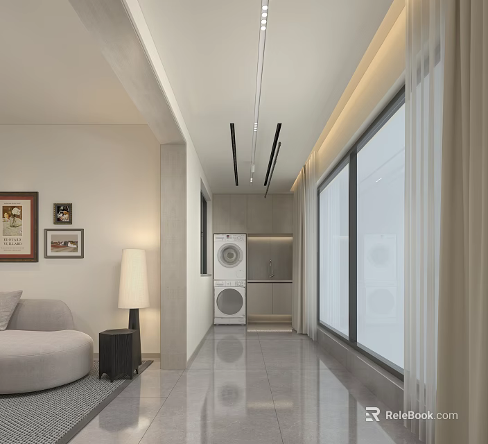 Modern Home Balcony Interior With Sofa Washing Machine Large Windows And Ceiling Lights 3d model 