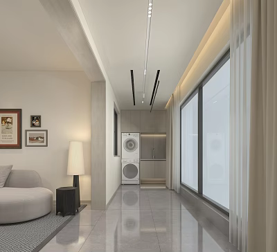 Modern Home Balcony Interior With Sofa Washing Machine Large Windows And Ceiling Lights 3d model