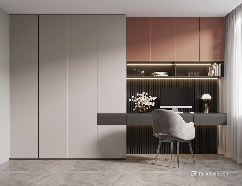 Modern Study Room Interior With Gray Brown Cabinets Writing Desk And Computer Chair 3d model 