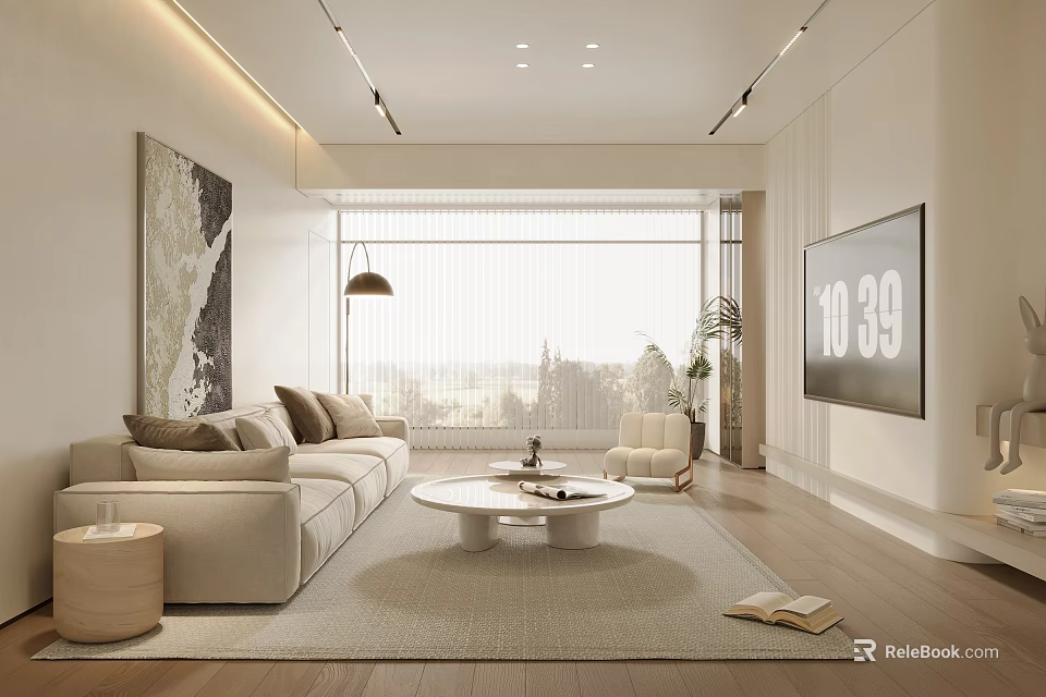 Modern Living Room Interior Design With Beige Sofa Round Coffee Table TV And Floor Lamp 3d model 