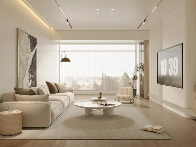 Modern Living Room Interior Design With Beige Sofa Round Coffee Table TV And Floor Lamp 3d model