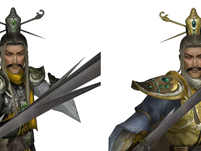Ancient Game Movie Characters With Green Gold Headpieces Yellow Blue Outfits And Silver Golden Swords 3d model