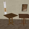 Two Wooden Dining Tables In Room With Neutral Wall Decorative Painting And Herringbone Wood Floor