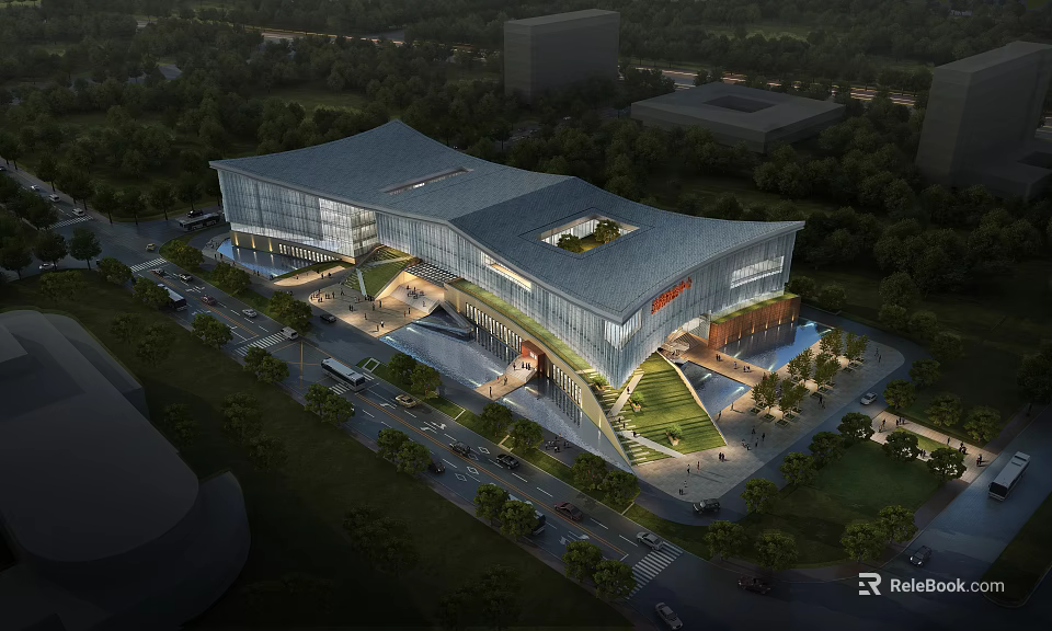 Birds Eye View Planning of Modern Commercial Building with Glass Facade Greenery and Roads 3d model 