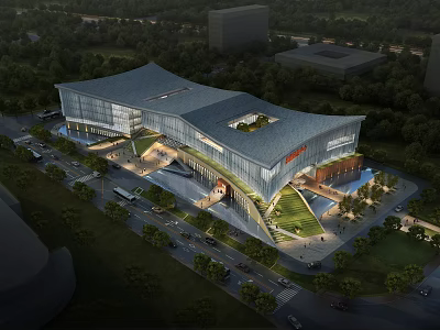 Birds Eye View Planning of Modern Commercial Building with Glass Facade Greenery and Roads 3d model