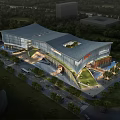 Birds Eye View Planning of Modern Commercial Building with Glass Facade Greenery and Roads