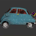 Blue Small Car With Red Roof Textured Body And Black Wheels