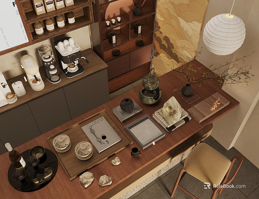 Traditional Tea Set Display On Wooden Table With Vase And Lantern Light Decor 3d model 