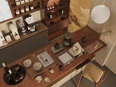 Traditional Tea Set Display On Wooden Table With Vase And Lantern Light Decor 3d model
