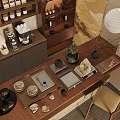 Traditional Tea Set Display On Wooden Table With Vase And Lantern Light Decor