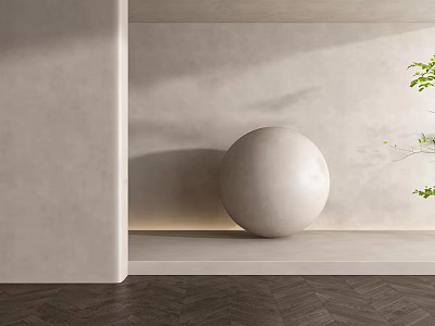 Minimalist Modern Interior With Light Colored Wall Paneling Decorative Sphere And Green Plants 3d model