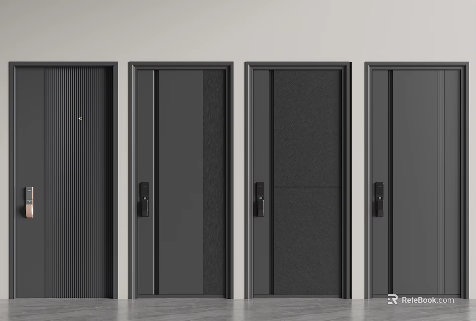 Modern Black Security Doors Featuring Various Textured Panels and Contemporary Handles 3d model 