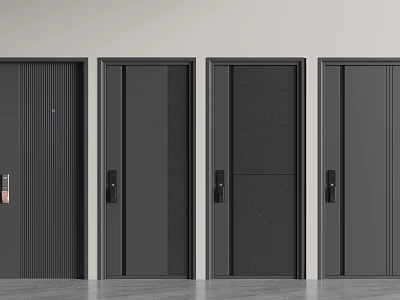 Modern Black Security Doors Featuring Various Textured Panels and Contemporary Handles 3d model