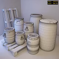 Durable Industrial Equipment Blue Plastic Drums with Black Lids in Various Sizes on Wooden Pallets