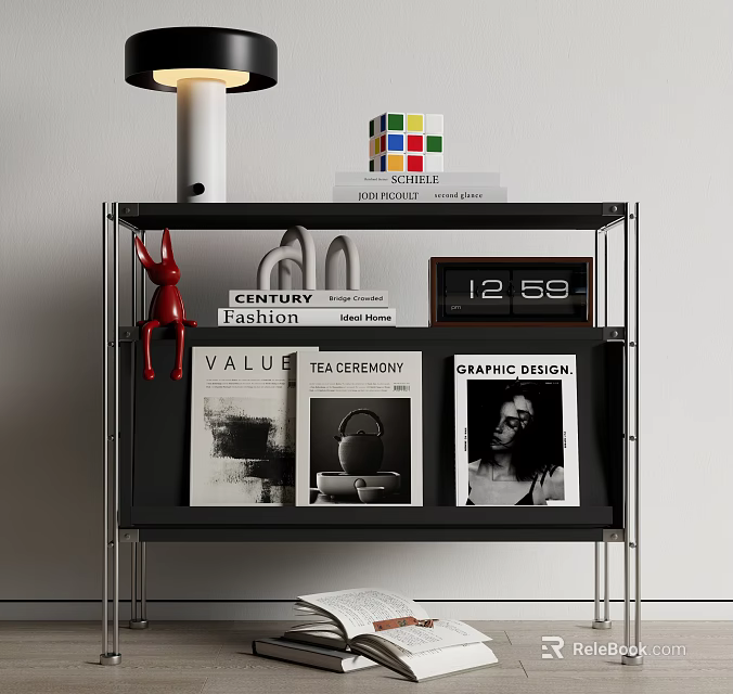 Decorative Console Table With Lamp Colorful Cube Red Rabbit Ornament Books And Clock 3d model 