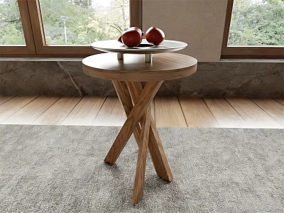 Wooden Side Table with Cross Leg Design on Carpet with Red Apples and Plate 3d model