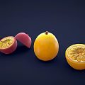 Fresh Whole and Halved Passion Fruits with Juicy Seeds and Ripe Mangoes on Dark Background
