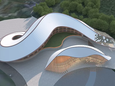Modern Architectural Design Featuring Curved Green Roof And Wooden Structure Elements 3d model