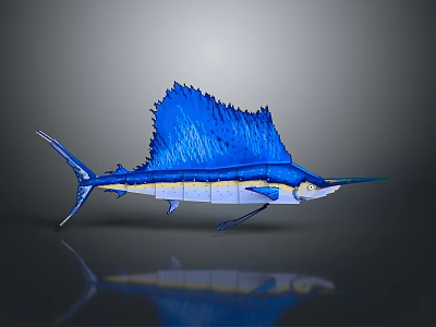 Blue Sailfish With Distinctive Dorsal Fin And Shiny Blue Body Reflection On Gray Surface 3d model