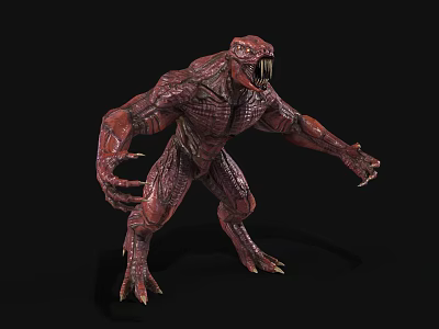 Red Muscular Scaled Monster Character With Sharp Teeth And Claws In Standing Pose 3d model