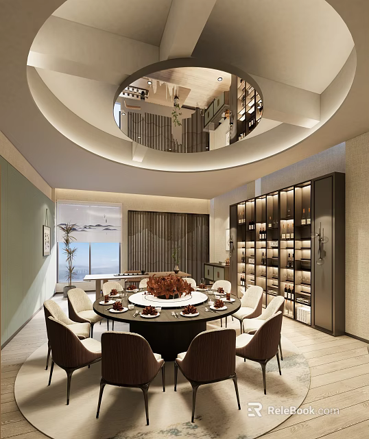 Elegant Private Dining Room With Round Table Chairs Wine Cabinet And Floor to Ceiling Windows 3d model 