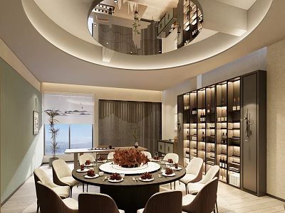 Elegant Private Dining Room With Round Table Chairs Wine Cabinet And Floor to Ceiling Windows 3d model