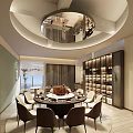 Elegant Private Dining Room With Round Table Chairs Wine Cabinet And Floor to Ceiling Windows