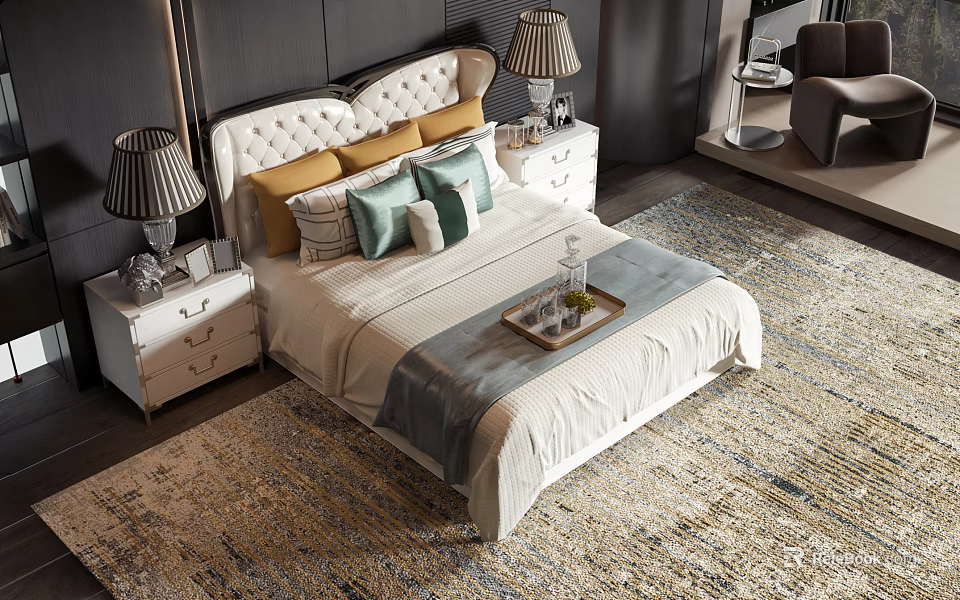 Modern Double Bed With Tufted Headboard Multiple Pillows Bedside Tables Lamps And Tray On Patterned Rug 3d model