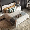 Modern Double Bed With Tufted Headboard Multiple Pillows Bedside Tables Lamps And Tray On Patterned Rug 3d model