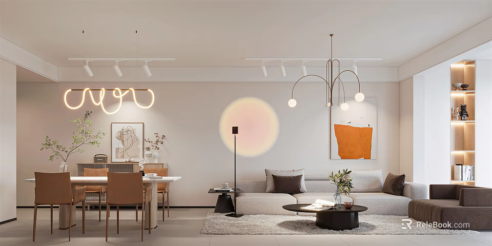 Modern Living and Dining Room Featuring Sofa Coffee Table Dining Table Pendant Lights Decorative Paintings 3d model 