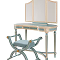 Elegant Dressing Table with Tri Fold Mirror Gold Carved Details and Light Blue Upholstered Stool