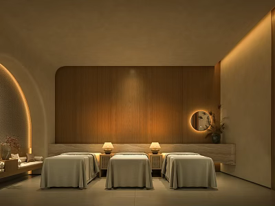 Modern Beauty Hair Salon Interior With Treatment Beds Wooden Wall Round Mirror And Soft Lighting 3d model
