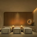 Modern Beauty Hair Salon Interior With Treatment Beds Wooden Wall Round Mirror And Soft Lighting