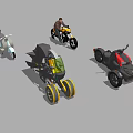 Different Types of Motorcycles Including Three Wheel Scooter and Rider with Various Colors and Designs