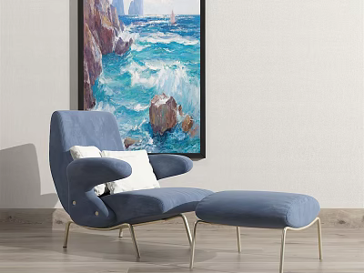 Blue Single Chair with White Cushion and Blue Ottoman in Light Room with Seaside Painting 3d model