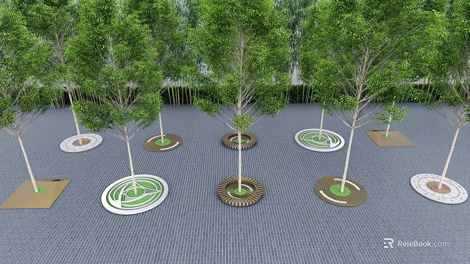 Multiple Tree Pits with Decorative Edges on Paved Ground and Green Trees 3d model