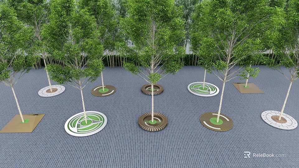 Multiple Tree Pits with Decorative Edges on Paved Ground and Green Trees 3d model 