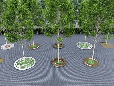 Multiple Tree Pits with Decorative Edges on Paved Ground and Green Trees 3d model