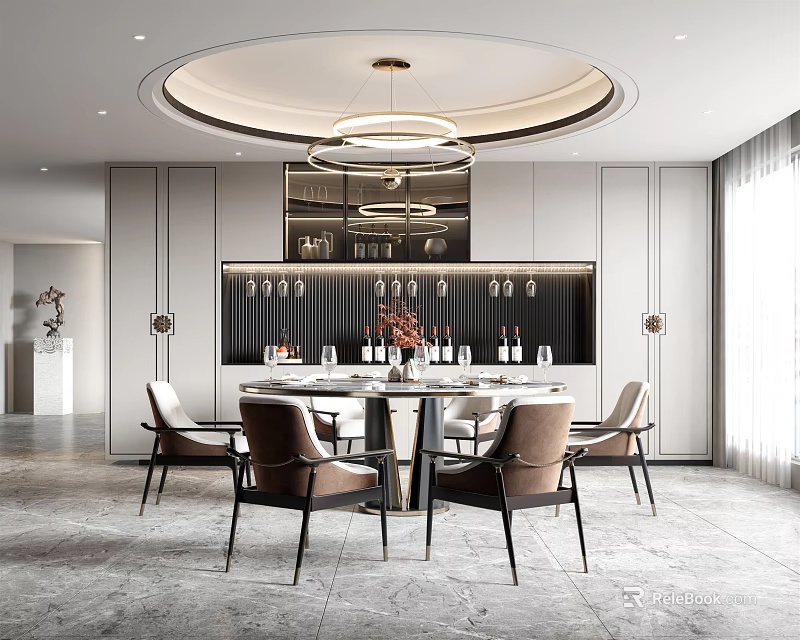 Elegant Modern Restaurant Interior With Dining Table Chairs Chandeliers And Wine Cabinet 3d model 