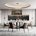 Elegant Modern Restaurant Interior With Dining Table Chairs Chandeliers And Wine Cabinet