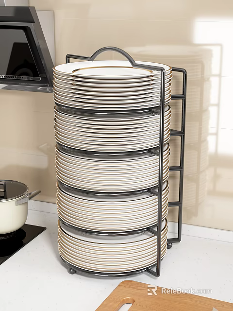 Sturdy Black Metal Dish Rack With Stacked White Gold Rim Plates For Kitchen Counter Storage 3d model 