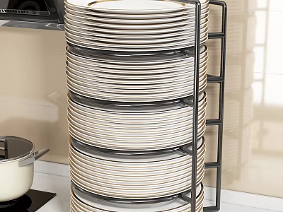 Sturdy Black Metal Dish Rack With Stacked White Gold Rim Plates For Kitchen Counter Storage 3d model